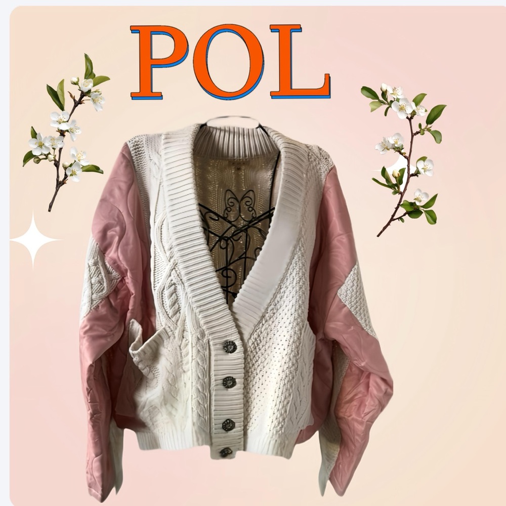 NWT POL Pink and White Button-Up Cardigan sweater